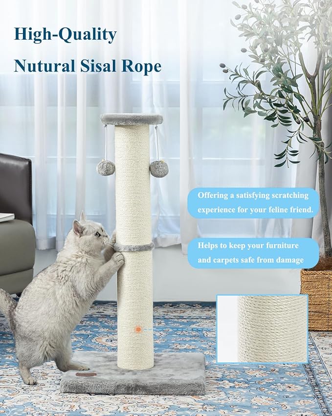 34Inch Tall Cat Scratching Post,4.3Inch Diameter Large Sisal Cat Scratch Post with Ball, Sturdy and Durable Cat Scratcher for Indoor Cats Adults Grey