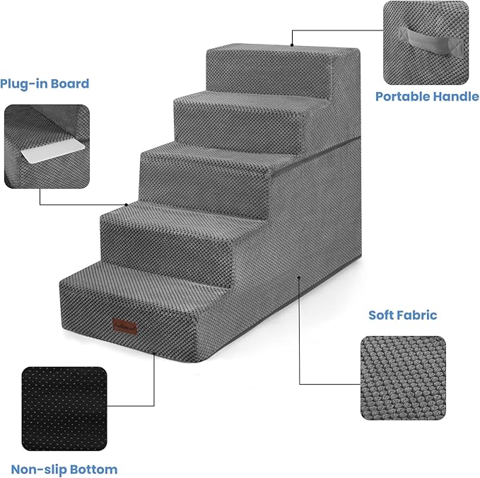 Aodisman Dog Stairs for High Bed 22.6" H,5-Step Dog Steps for Small Dogs and Cats,Indoor Non-Slip Balanced Pet Stairs are Suitable for Puppy,Older Cat,Grey