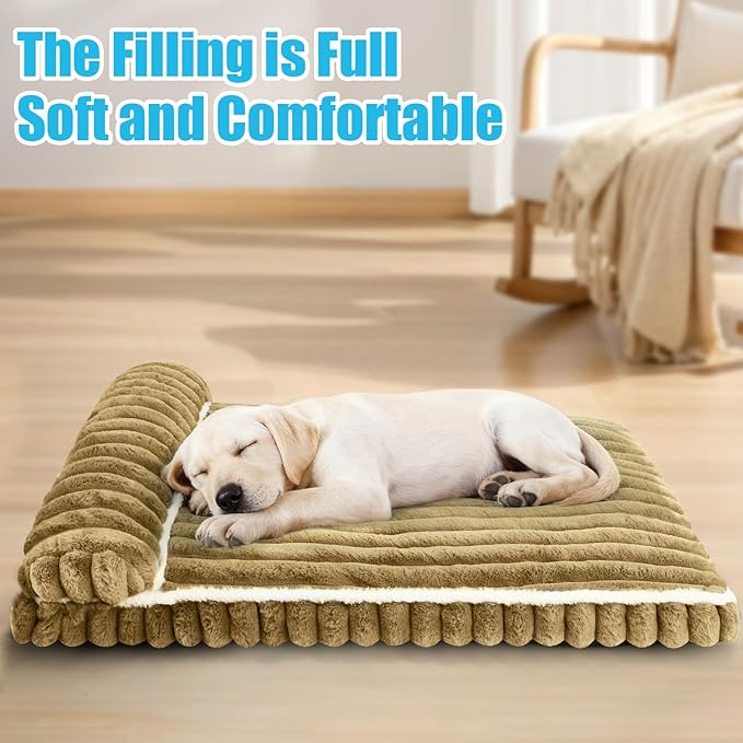 Comfort Dog Beds for Large Dogs,Dog Bed with Removable Washable Cover, Deluxe Plush Dogs Beds for Crate with Pillow, Anti-Slip Pet Mat Mattress for Kennel with Durable Zipper(Brown,L)