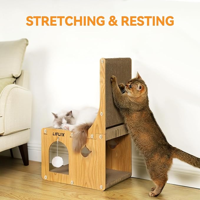 LIFLIX L-Shaped Double-Layer cat Scratching Board, Cardboard cat Scratching Post with Toys, Cat Scratcher & Hideaway for Indoor Cats to Scratch, Rest and Play