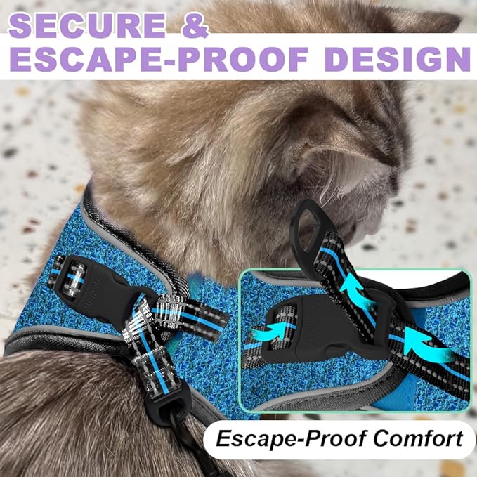 Cat Harness and Leash Set,Escape Proof Kitten Harness,Step in Adjustable Soft Lightweight,Easy Control,Reflective Strips Comfortable for Walking Travel(Blue/Black,S)