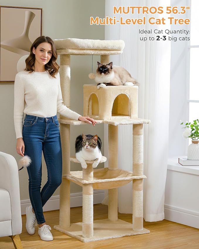 MUTTROS Cat Tree for Large Cats Adult with Metal Plush Big Hammock, 56.3" Cat Tower with 2 Door Condo House, 6-Tier Cat Shelves with Scratching Posts and Large Top Perch, Beige