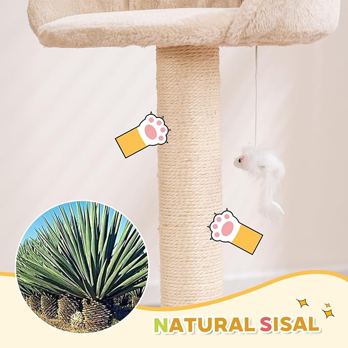 Small Cat Tree Tower with Sisal Scratching Post for Indoor Cats, Cat Condo Cave House with Perch and Playful Toy Feather, Beige (20.27x12.4x29.5 inch)
