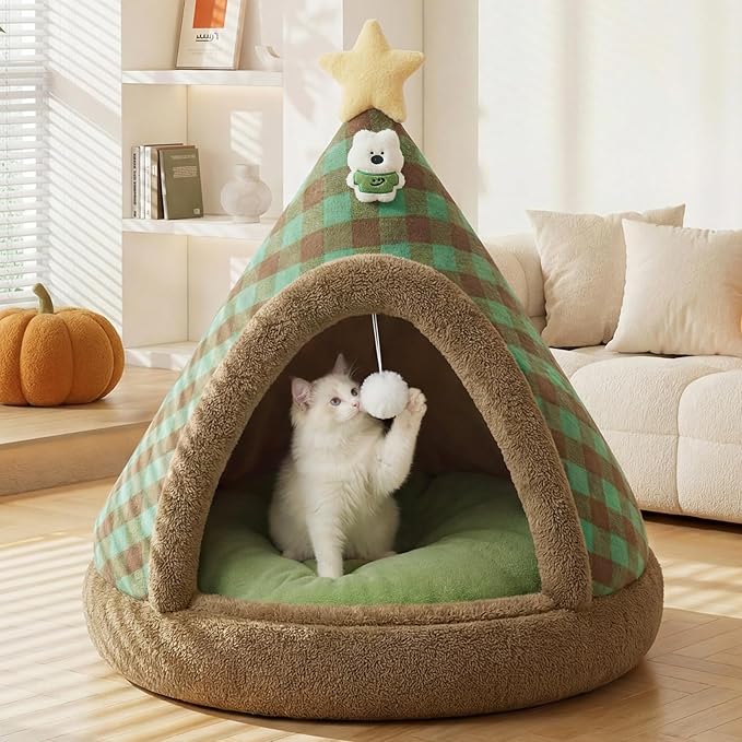 Jiupety Cat Tents for Indoor Cats,Cat House with Removable Washable Cushioned,2-in-1 Cat Cave Tent with Anti-Slip Bottom Ultra-Soft Pet Tent for Cats and Small Dogs,Green 23.6In