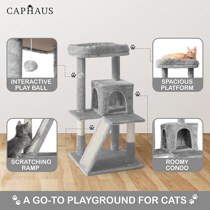 CAPHAUS Cat Tower for Indoor Cats, Modern Cute 37-Inch Small Cat Tree with Widened Perch for Large Cats Kittens, Multi-Level Cat Activity Tree with Scratching Posts and Ramp, 2-Door Cat Cave Condo