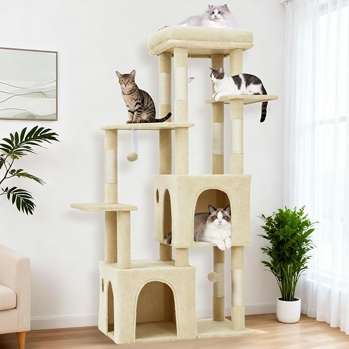 61.4 Inch Cat Tree, Large Cat Tower with Sisal Scratching Posts, 2 Spacious Cat Beds, Hanging Ball & Top Perch, Ideal for Large Indoor Adult Cats, Beige