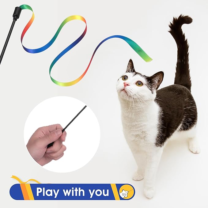 Cobee 6 Pack Cat Wand Toy Set, 30cm Cat Interactive Wand with Rainbow Ribbon String + Leopard Print Cloth String for Kitten Training & Exerciser