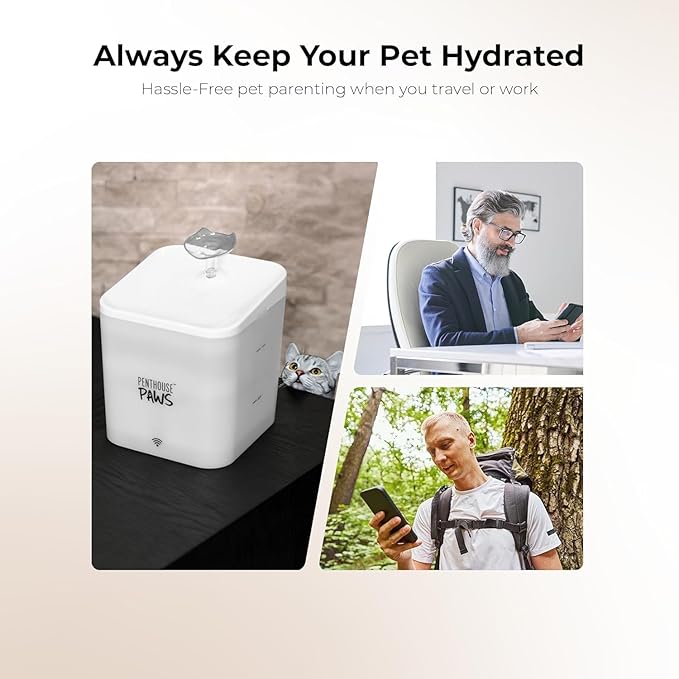 Penthouse Paws Smart Cat Water Fountain 2.2L, App Controlled Automatic Water Dispenser, Ultra Quiet Pump, 5-Stage Filter, Whisker Friendly Bowl, for Cat & Dog, White