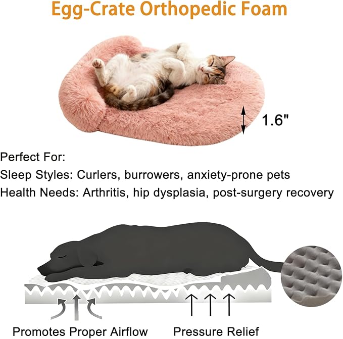 Orthopedic Dog Bed with Egg-Crate Base, Calming Dog Beds Fluffy Plush Faux Fur with Raised Edges, Spine Friendly Pet Sleeping Mat for Medium Large Dogs, Easy Wash (Oval, Blush Pink 32"x24")