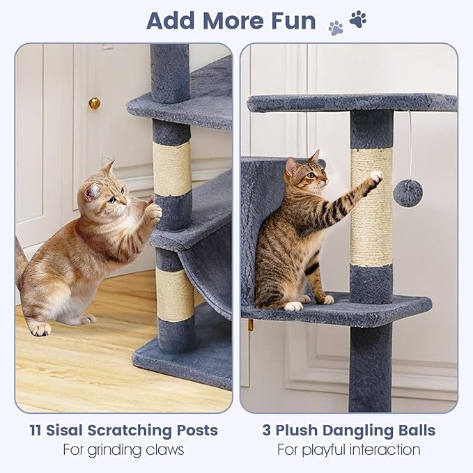 Tangkula 66 Inch Tall Cat Tree, Multi-Level Cat Tower with Sisal Scratching Posts, 2 Condos, Plush Perch, Hammock, Basket, Dangling Toys, Cat Climbing Furniture for Indoor Cats (Dark Gray)