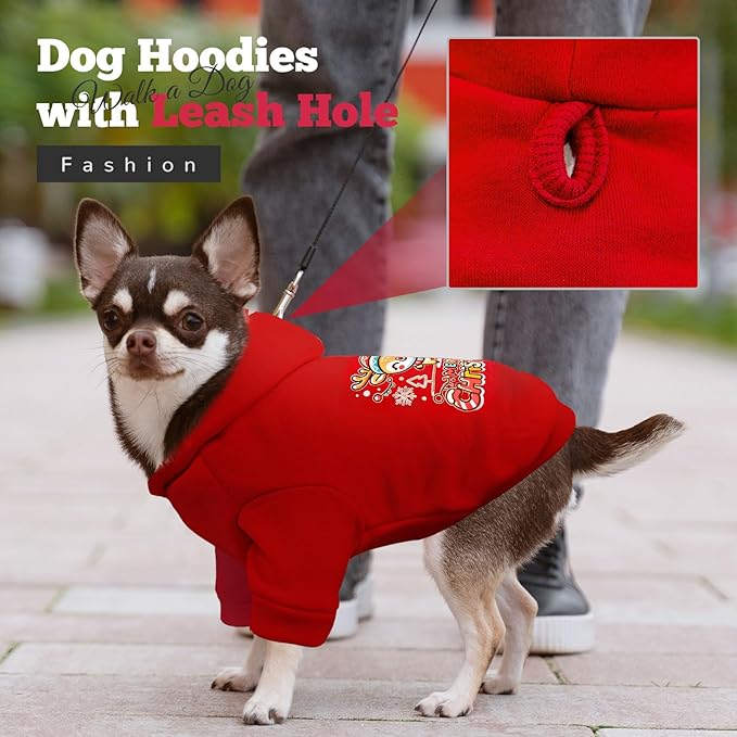 ABRRLO Small Dog Hoodie Clothes Red Christmas Dog Outfit Warm Fleece Dogs Sweater for Small Dogs Cat Boy Girl Cute Puppy Sweatshirt with Leash Hole Xmas Doggy Costume Chihuahua Yorkie(Xmas Deer,L)