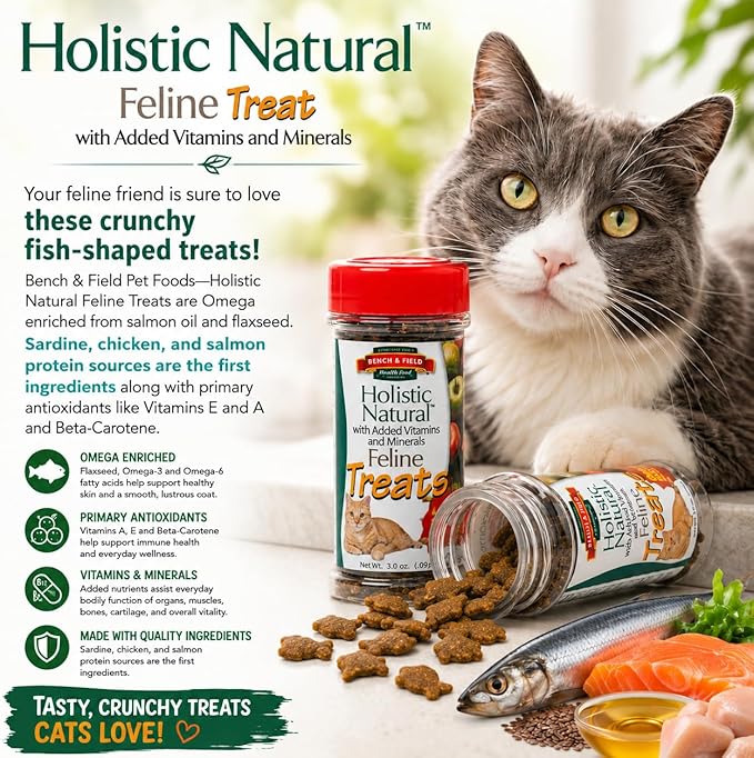 Bench & Field Holistic Natural Healthy Kitty Cat Treats | Crunchy Fish-Shaped Bites | Delicious Seafood Flavored Snack, 3-Ounce (Pack of 12 Bottles)