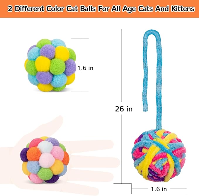Retro Shaw Cat Toys Balls, 6Pcs Woolen Yarn Cat Balls with Bells Inside, Interactive Kitten Toys for Indoor Cats Kitty, Soft Pompom Jingle Ball with String Cat Nip Toys