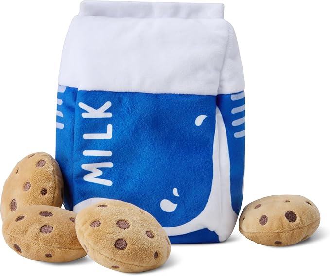 Amazon Basics Interactive Dog Squeak Toys with 1 Milk Carton and 4 Cookies, Ideal for Puppies, Small and Medium Dogs, Soft Plush for Fetch and Cuddling