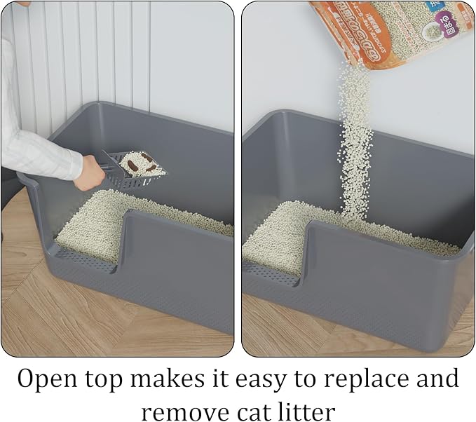 Open Cat Litter Box, Large Standard Litter Box, Kitten Litter Potty Pan for Small & Large Cats, Easy to Clean, Low Entry, 4 Units, Grey