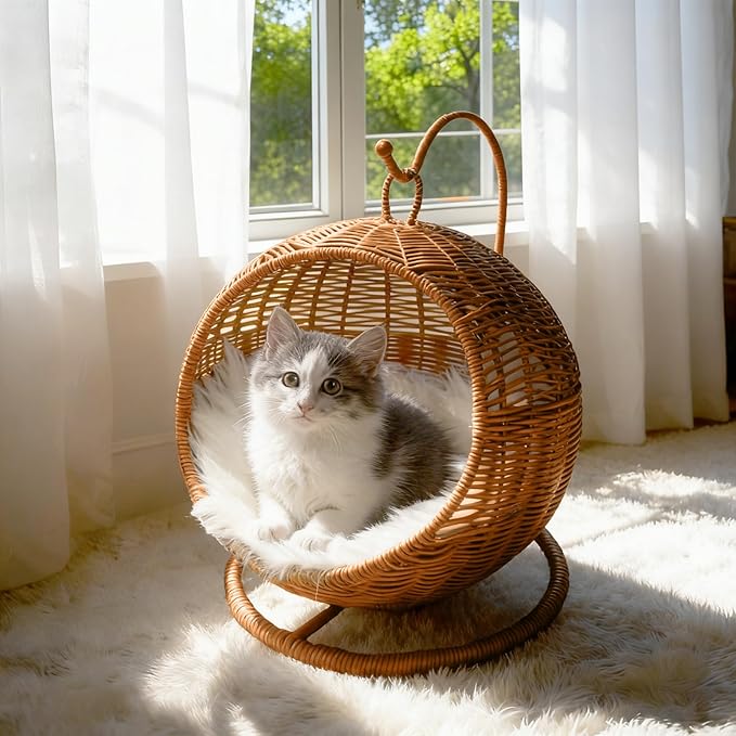 Wicker Cat Bed Indoor & Outdoor, Handwoven PP Rattan Cat Swing Bed with Removable Washable Cushion, Breathable Waterproof Cat House for Cats & Small Dogs (Small–11.4" L × 18.9" H)