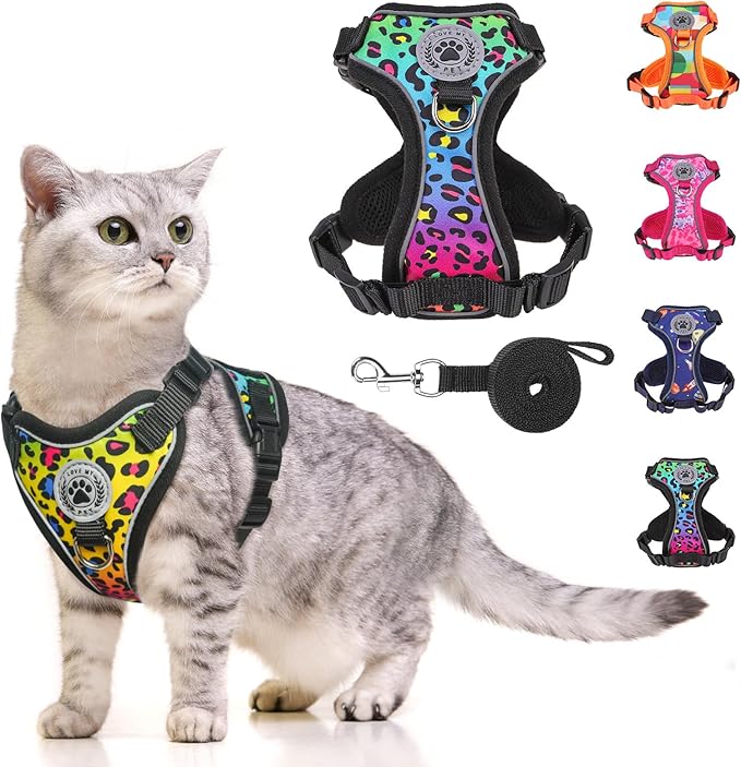 BEAUTYZOO Cat Harness and Leash for Walking, Escape Proof Soft Adjustable Vest Harnesses for Medium Large Cats, Easy Control Breathable Reflective Strips Jacket, Leopard, M