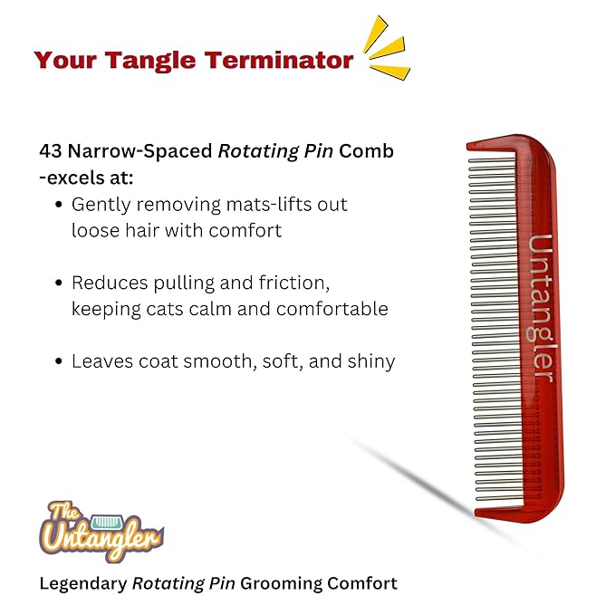 Cat Comb - Ferrari Red, 5" - Silky Smooth Rotating Teeth for Gently Detangling Matted Cat Hair, Stimulates Natural Oil Production, Stainless Steel, Made in USA, Vet Recommended