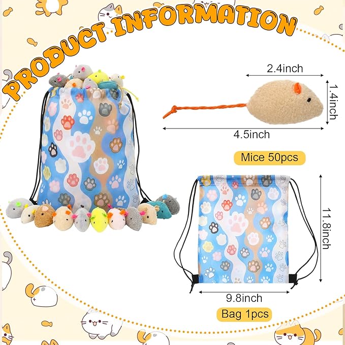 Leitee 51 Pcs Assorted Mice Cat Toys Bulk with Cat Paw Gift Storage Bags Set, Small Furry Mouse Kitten Toy for Indoor Cats, Interactive Play Color Varies (Plush Mice)