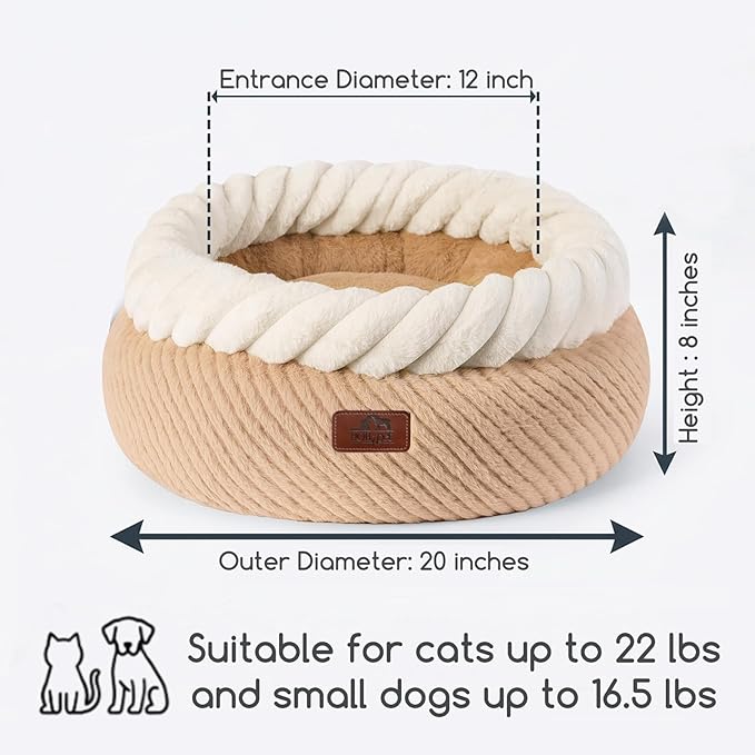 Hollypet Cat Bed for Indoor Cats Kitty Beds, Round Washable Fluffy Small Dog Bed, Soft Cozy Plush Pet Beds for Puppy and Kitten with Non-Slip Bottom (20" D * 8" Th, Oatmeal)