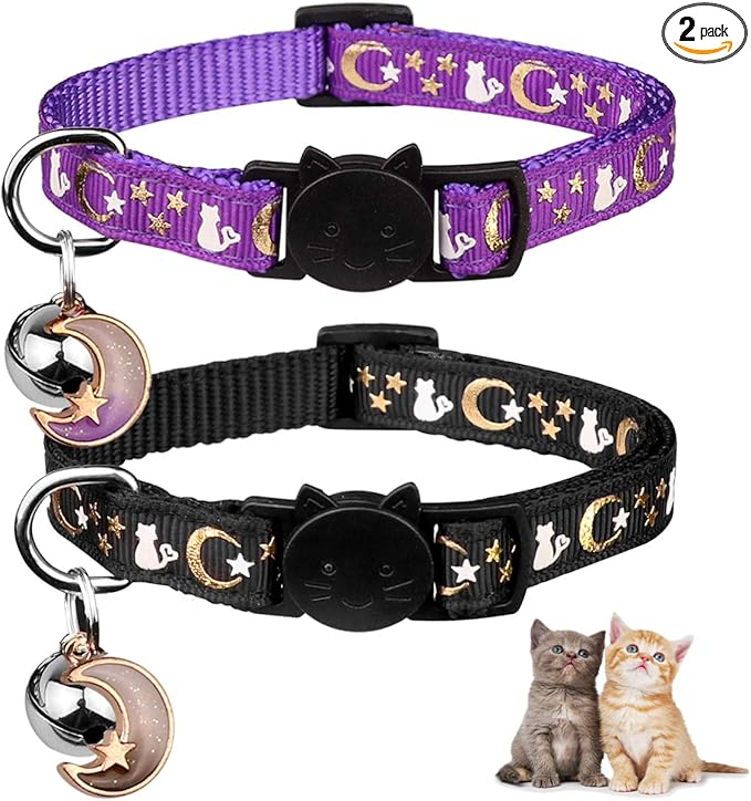 Baeuppit 2PCS Breakaway Cat Collars with Bell Cute Kitty Glow in The Dark Adjustable Kitten Collars 7.9-13.0 Inch(Purple&Black)