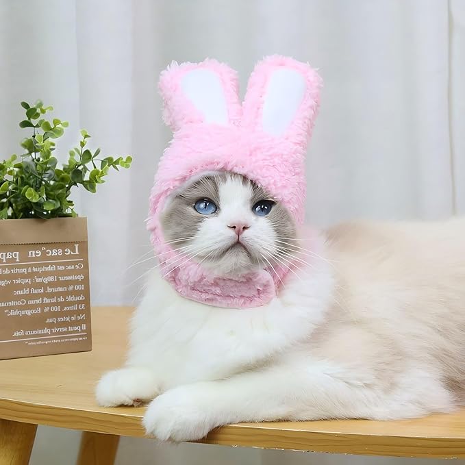 Rabbit Ears Hat for Cats & Small Dogs - Adjustable Plush Bunny Costume Headband for Easter, Halloween & Pet Party Dress Up (Pink)