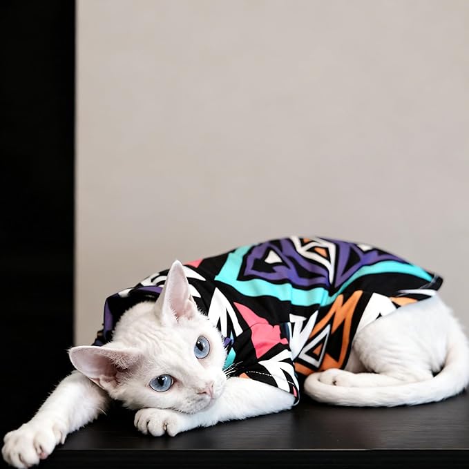 Sphynx Cat Clothes Shirts for Hairless Cat,Graphics Printed Kitten Apparel Clothes for Cats Only,Soft Sphinx T-Shirts Sweatshirt with Sleeves for Cornish Rex, Devon Rex,Geo Pop,2XL