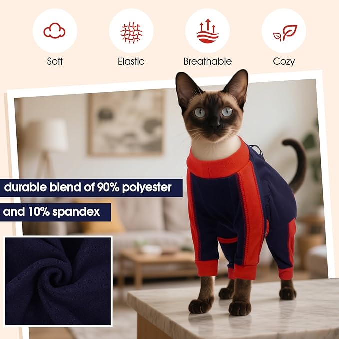 DENTRUN Cat Clothes with Anti-Shedding Fabric - Soft Recovery Suit & Breathable Lint-Resistant Cat Sweater for Wound Care & Hair Control, Kitten Onesie Pajamas, S, Dark Blue