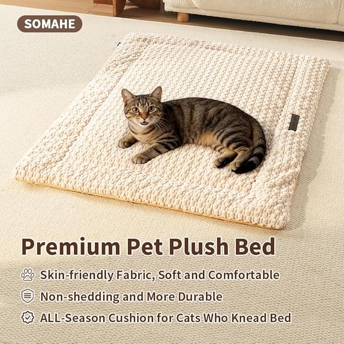 SOMAHE Cat & Dog Bed Mat, Soft Plush Flat Cat Bed with Non-Slip Bottom, 1.2" Thick All-Season Kneading Cushion, Machine Washable Pet Bed for Cats & Small Dogs 20×27Inch, Milk