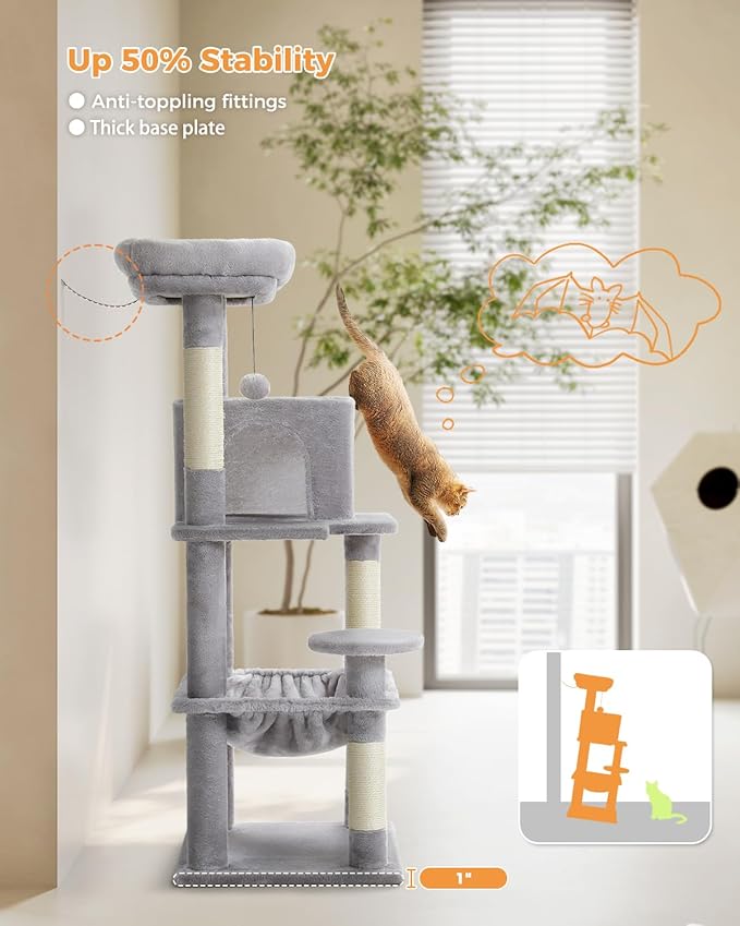 MUTTROS Cat Tree for Indoor Cats, 45.7" Multi-Level Cat Tower with Large Metal Frame Hammock, Cat Condo with 4 Scratching Posts and Top Perch for Small Medium Kitty, Grey