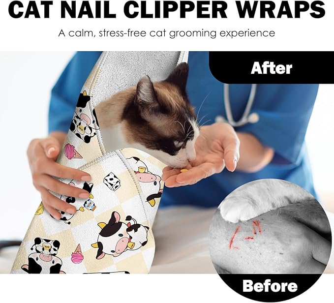 27.6"Cat Grooming Wrap, Self Adhesive Cat Wrap for Cutting Nails, Anti-Escape Calming Cat Swaddle Wrap for Medicine Ear Cleaning, Cow Anti-Scratch Cats Burrito Restraint Blanket, Pet Tool (6-10 lbs)