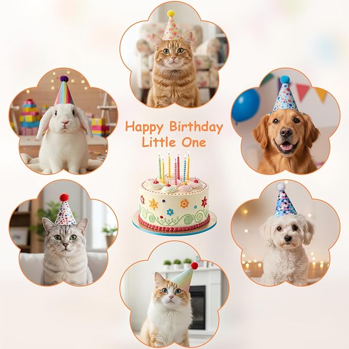 6 PCS Cat Birthday Hat Mini Party Hats for Stuffed Animals Mini Birthday Hats for Kittens Cats Dogs Rabbits Small Animals