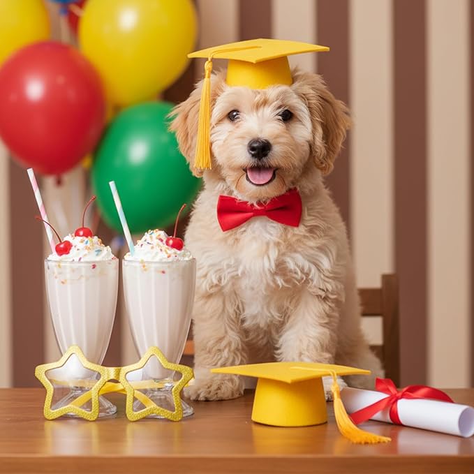 Mini Graduation Caps with Gold Tassel, 2 Pack Black Mini Graduation Caps, Small Animal Bachelor Hats for Adjustable Pet Graduation Photo Props Cat Dog Holiday Costume Accessories