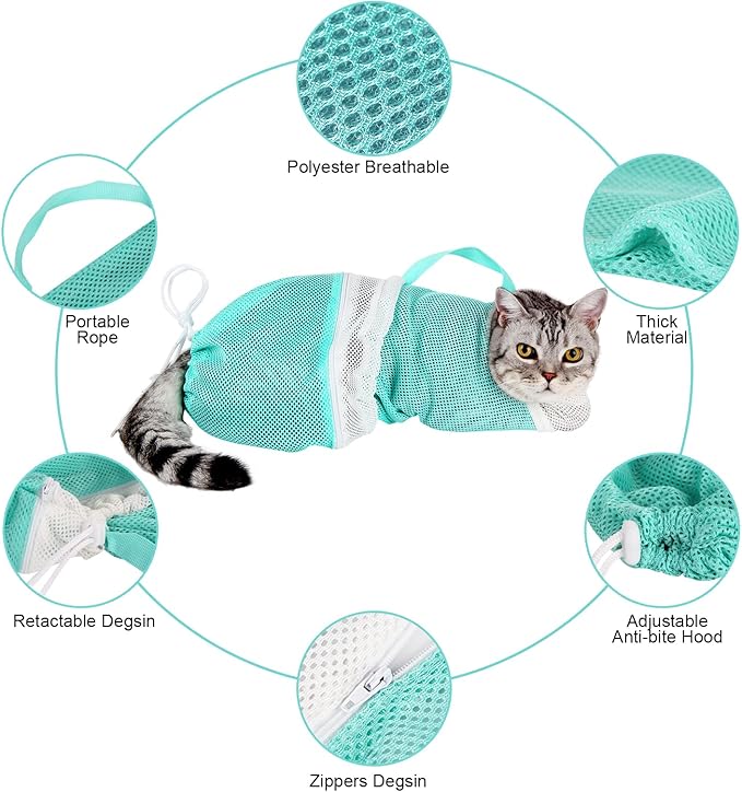 Cat Bathing Bag Adjustable Cat Grooming Net Bag Anti-bite & Anti-Scratch Cat Bath Washing Restraint Bag, Breathable Mesh Cat Grooming Bag for Shower, Nail Trimming, Injection (Light Green)