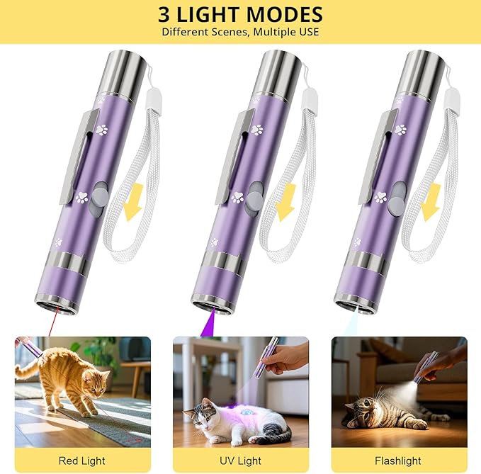 Cat Toy, Distinctive Purple Painted Metal Casing with Paw Print Design, USB Rechargeable, 3 Light Modes & 5 Adjustable Patterns,Interactive Chase Toy for Indoor Cat & Dog & Bird Training & Exercise