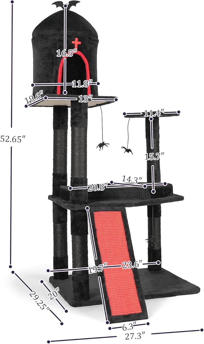 Gothic Halloween Cat Tree with Coffin Bed, 2-Level Cat Tower with Scratching Post & Spider Toys, Red Black Cat Furniture for Large Indoor Cats