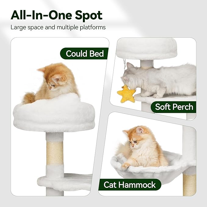 Meecal 43-Inch Cat Tree,Cute Cloud Cat Tree for Kittens & Small Cats Under 6 Months 9lbs, Cat Tower with Scratching Post, Double Condos, Plush Hammock & Dangling Toys, White
