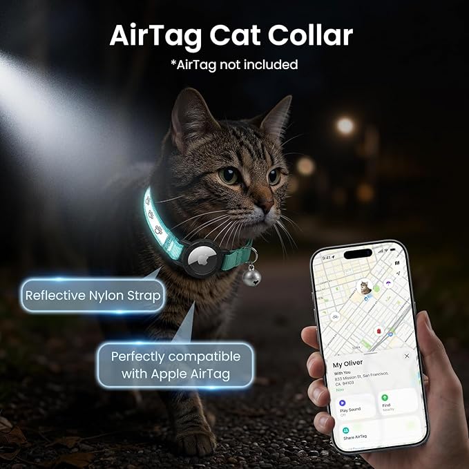 Reflective AirTag Cat Collar, Integrated Cat Tracker Collar with Air Tag Holder and Bell, Safety Elastic Band Cat GPS Collars for Girl Boy Cats, Kittens and Puppies (Green,S)