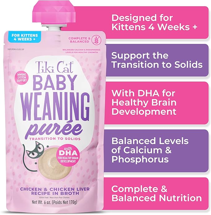 Tiki Cat Baby Weaning Puree Wet Cat Food, Chicken, 6 oz. Spout Pouch (6 Count)