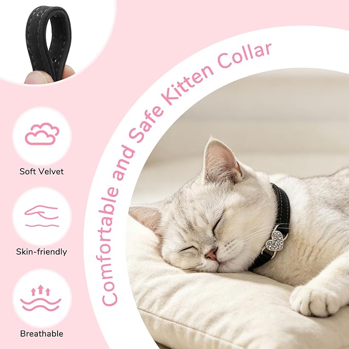 BINGPET Diamond Cat Collar,Adjustable Soft Velvet Leather Safe Kitten Collar with Crystal Heart Charm and Bells,Girl Boy Bling Stylish Cat Collars with Safety Elastic (Black, Neck Girth 6"-8")