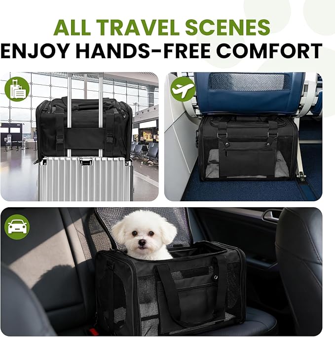 Soft-Sided Cat Carrier Expandable Pet Carrier Airline Approved Mesh Zipper with Lock Travel Carrier Up to 15lbs for Cats Dogs Collapsible Escape-Proof with Strap (18x11x11 Black-L)