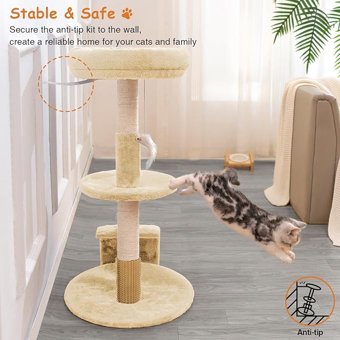 Goozii Large Cat Tree Tower with Scratching Post, Modern Kitten Tower for Indoor Cats, 32 Inch Tall Carpet Sisal Cat Scratcher Stand with Big Bed Perch,Scratch Ramp, Ball Toy for Kitty (Beige)