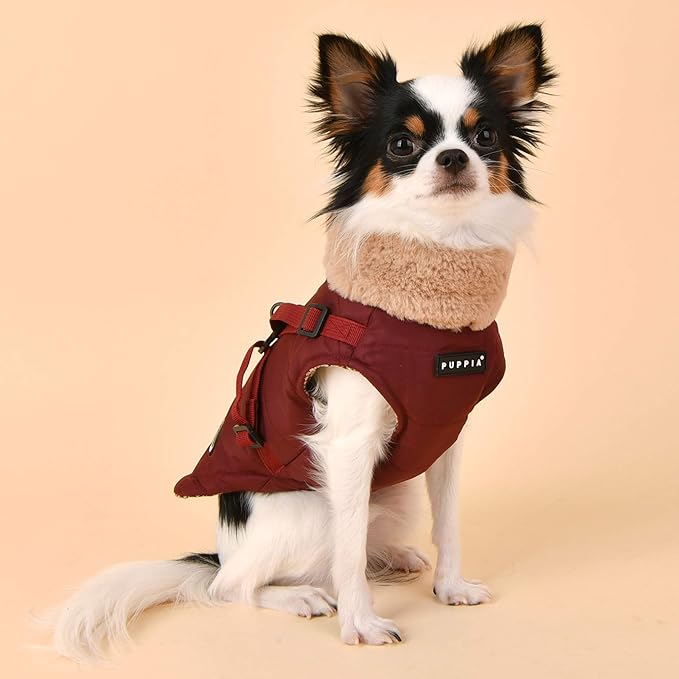 Puppia Donavan Winter Dog Coat with Integrated Harness No Pull Cold Weather Waterproof Warm Fleece Back Zipper for Small & Medium Dog, Wine, Medium