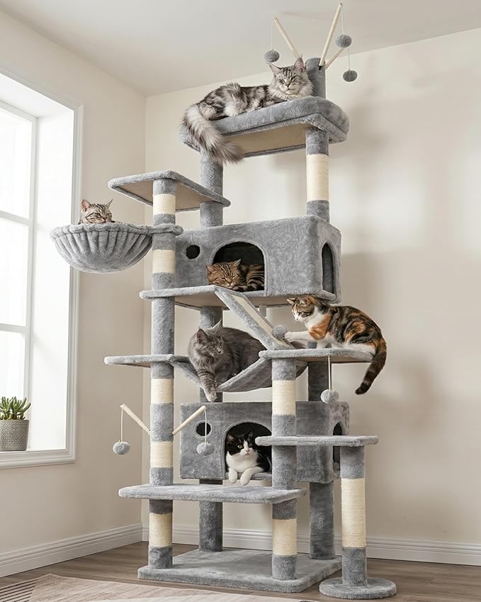Hey-brother Cat Tree Tower, Sturdy Multi-Level Scratching Posts with Extra Supporting Part, 5 Teaser Toys, 2 Condos, Large Bed, Hammock, Scratch Baord for Indoor Cats, 82.7 Inches, Light Gray MPJ082W