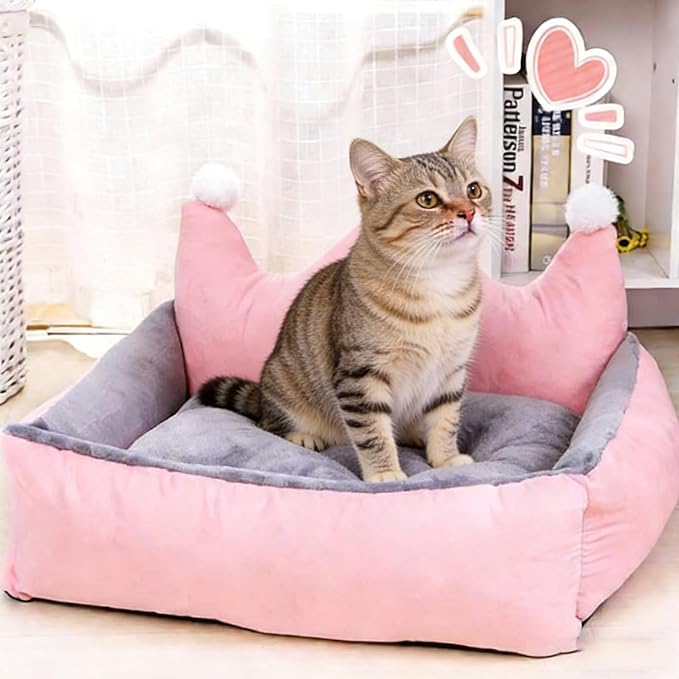 Cute Crown Pet Beds for Dogs Cat,Fashionable Luxurious Crown Cat Princess Beds Winter Warm Puppy Cat Sofa Bed Soft Upholstered Plush Sofa,Durable Washable Anti-Slip Dog Beds (Pink, M-Below 9.0kg)
