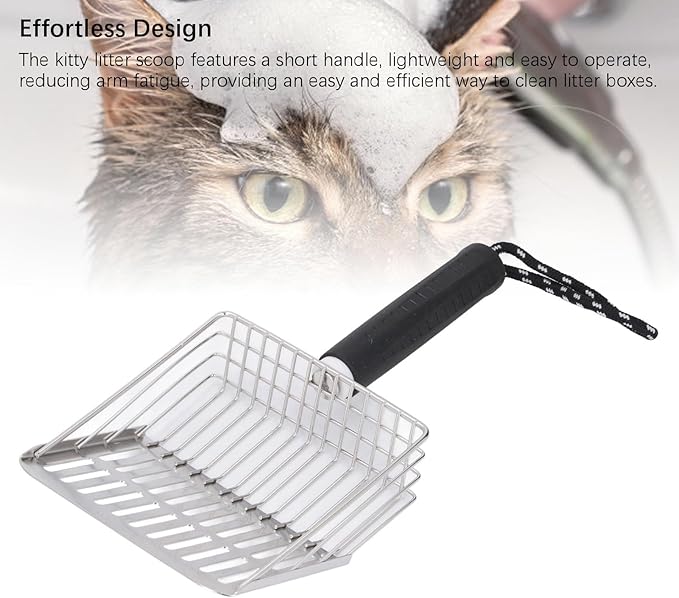 Cat Litter Scoop, Removable Handle Cat Litter Sifter, Stainless Steel Fast Filtration Cat Litter Shovel for Kitten Cat Dog Poop (Black)