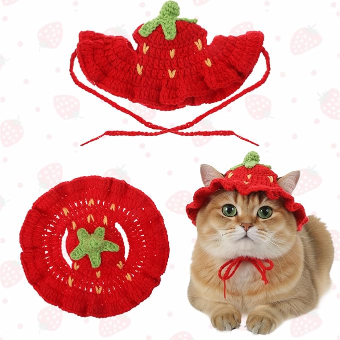 Strawberry Cat Hat Soft Polyester Cartoon Design Knit Cute Dog Hat Rabbit Hats Halloween Christmas Party Costume Head Wear Accessories for Puppy Cat Kitten Small Dogs Small Animals Pets Red (M)