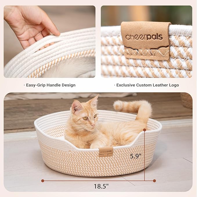 CHEERHOME PETS Cat Bed Basket with Cushion, Cotton Rope Woven Pet Bed for Indoor Cats Couch, Stimulicat Cat Bed Handwoven Breathable, All Season Universal (White)