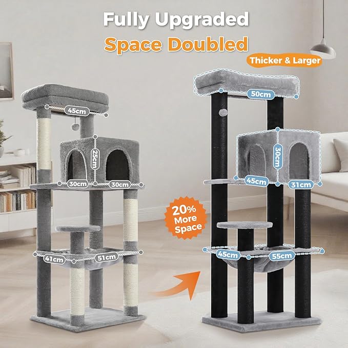 MUTTROS Large Cat Tree with Reinforced Scratching Posts (φ3.7in) for Big Adult Cats 30 lbs, 57.8" Heavy Duty Cat Tower with Larger Hammock and Condo, Cat Furniture for Maine Coon, Plush,Black