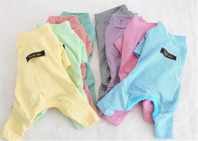 Hdwk&Hped Soft Cotton Dog Pajamas for All Seasons, Striped Pet Bottoming Jumpsuit for Small Dog Cat Puppy (#5, Thin Stripes Style 2pcs - red&Pink)
